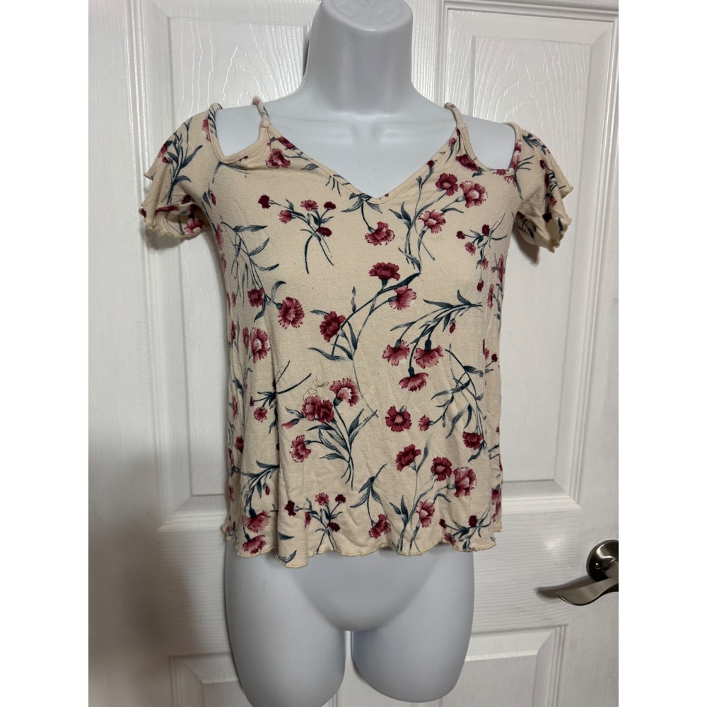 American Eagle Soft Sexy Crepe Cold Shoulder Floral Top Cream Burgundy XS